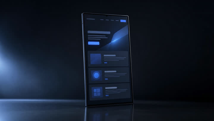 Landing page mostrada en una pantalla vertical sobre fondo oscuro.