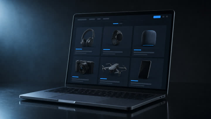 Tienda en línea mostrada en la pantalla de una laptop sobre fondo oscuro.